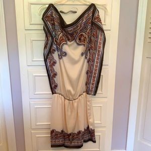 Brown, baby blue, light coral Roman dress.